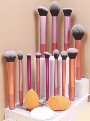 12pcs Multifunctional Makeup Brushes Set Including Powder Brush, Blush Brush, Foundation Brush, Eyeshadow Brush, Blending Brush, Contour Brush, Plus A Bevelled Beauty Sponge, A Round Beauty Sponge And A White Powder Puff - Negative Apparel