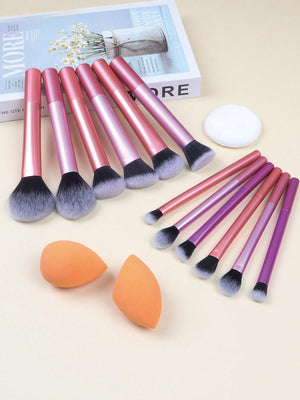 12pcs Multifunctional Makeup Brushes Set Including Powder Brush, Blush Brush, Foundation Brush, Eyeshadow Brush, Blending Brush, Contour Brush, Plus A Bevelled Beauty Sponge, A Round Beauty Sponge And A White Powder Puff - Negative Apparel