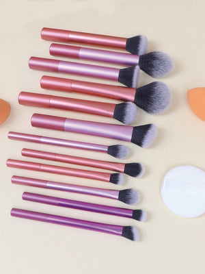 12pcs Multifunctional Makeup Brushes Set Including Powder Brush, Blush Brush, Foundation Brush, Eyeshadow Brush, Blending Brush, Contour Brush, Plus A Bevelled Beauty Sponge, A Round Beauty Sponge And A White Powder Puff - Negative Apparel