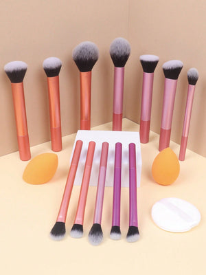 12pcs Multifunctional Makeup Brushes Set Including Powder Brush, Blush Brush, Foundation Brush, Eyeshadow Brush, Blending Brush, Contour Brush, Plus A Bevelled Beauty Sponge, A Round Beauty Sponge And A White Powder Puff - Negative Apparel