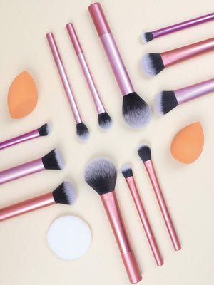 12pcs Multifunctional Makeup Brushes Set Including Powder Brush, Blush Brush, Foundation Brush, Eyeshadow Brush, Blending Brush, Contour Brush, Plus A Bevelled Beauty Sponge, A Round Beauty Sponge And A White Powder Puff - Negative Apparel