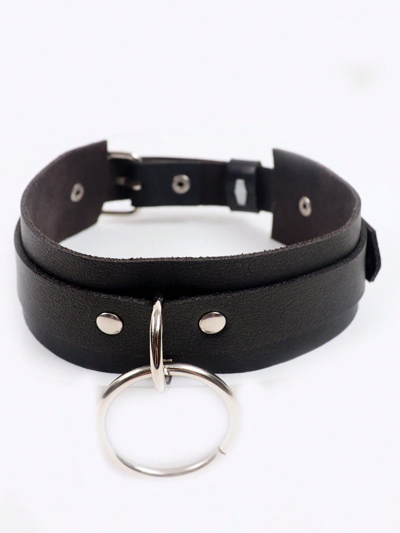 1pc Black Leather Punk Collar With O-Ring - Negative Apparel