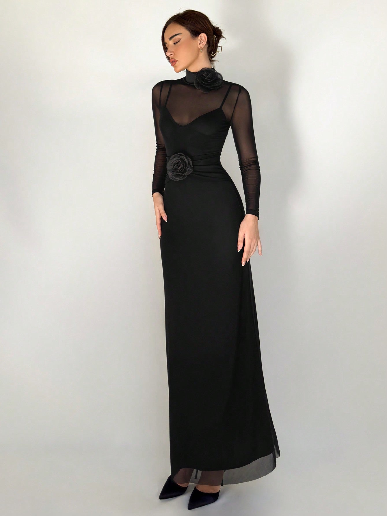 1pc Black Mesh Floral 3D Applique Long Sleeve Bodycon Dress For Women - Negative Apparel