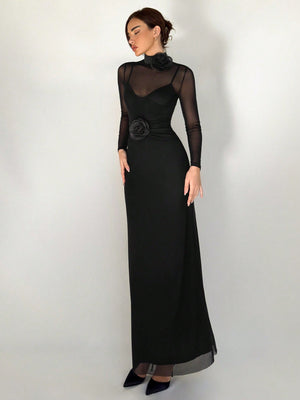 1pc Black Mesh Floral 3D Applique Long Sleeve Bodycon Dress For Women - Negative Apparel