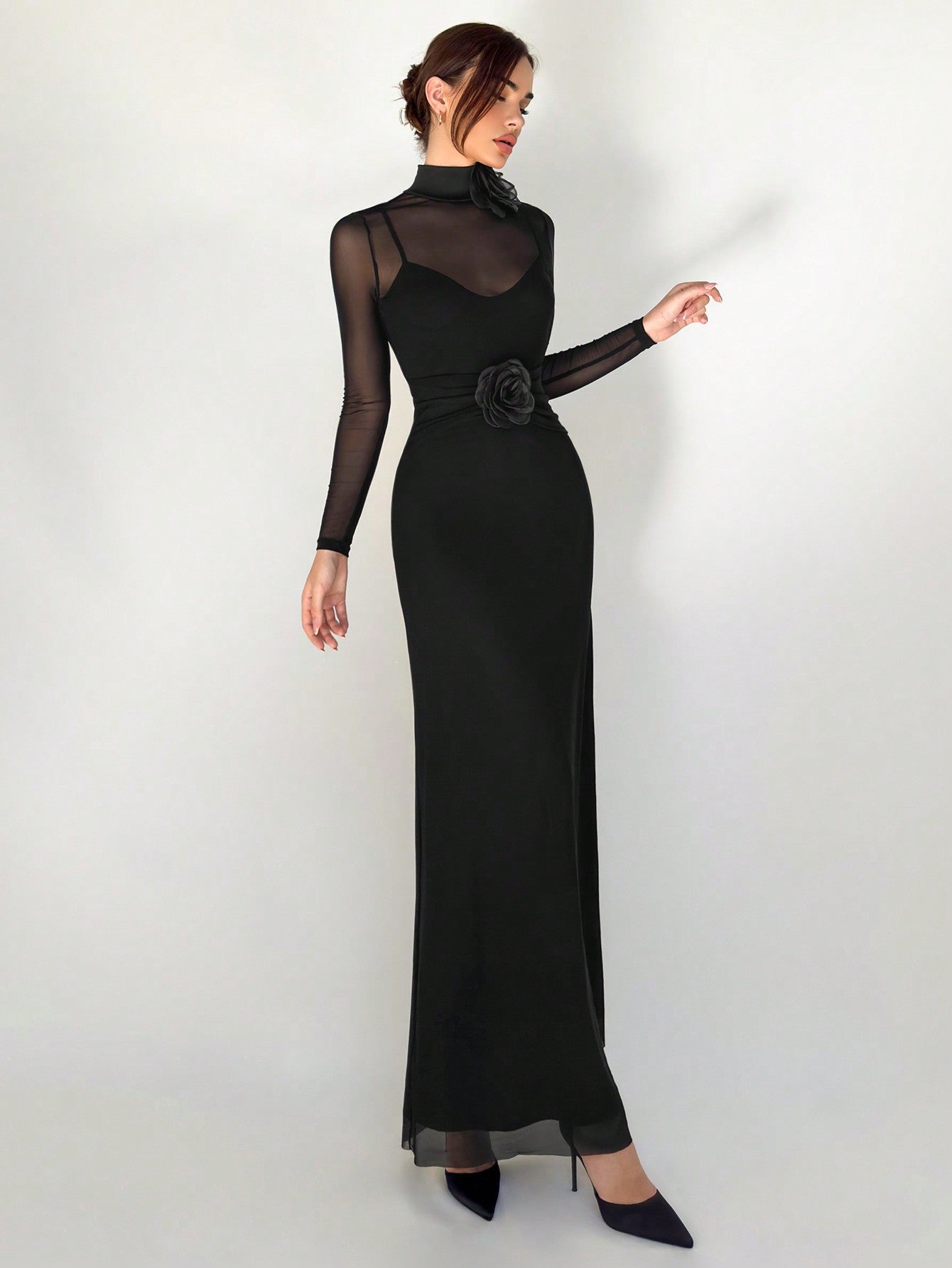 1pc Black Mesh Floral 3D Applique Long Sleeve Bodycon Dress For Women - Negative Apparel