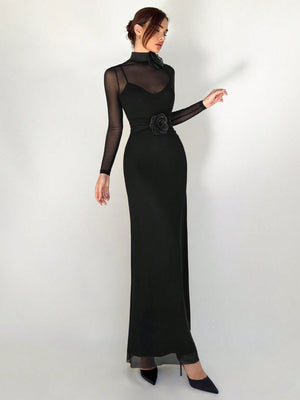 1pc Black Mesh Floral 3D Applique Long Sleeve Bodycon Dress For Women - Negative Apparel
