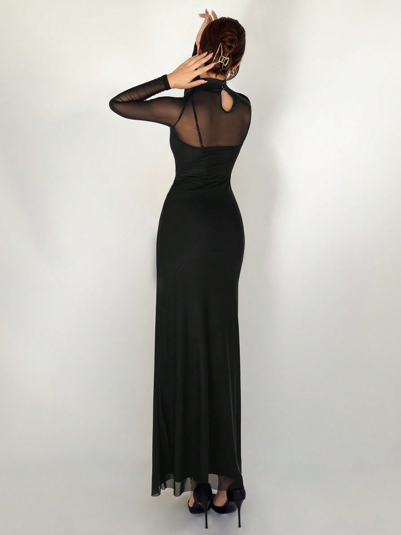 1pc Black Mesh Floral 3D Applique Long Sleeve Bodycon Dress For Women - Negative Apparel