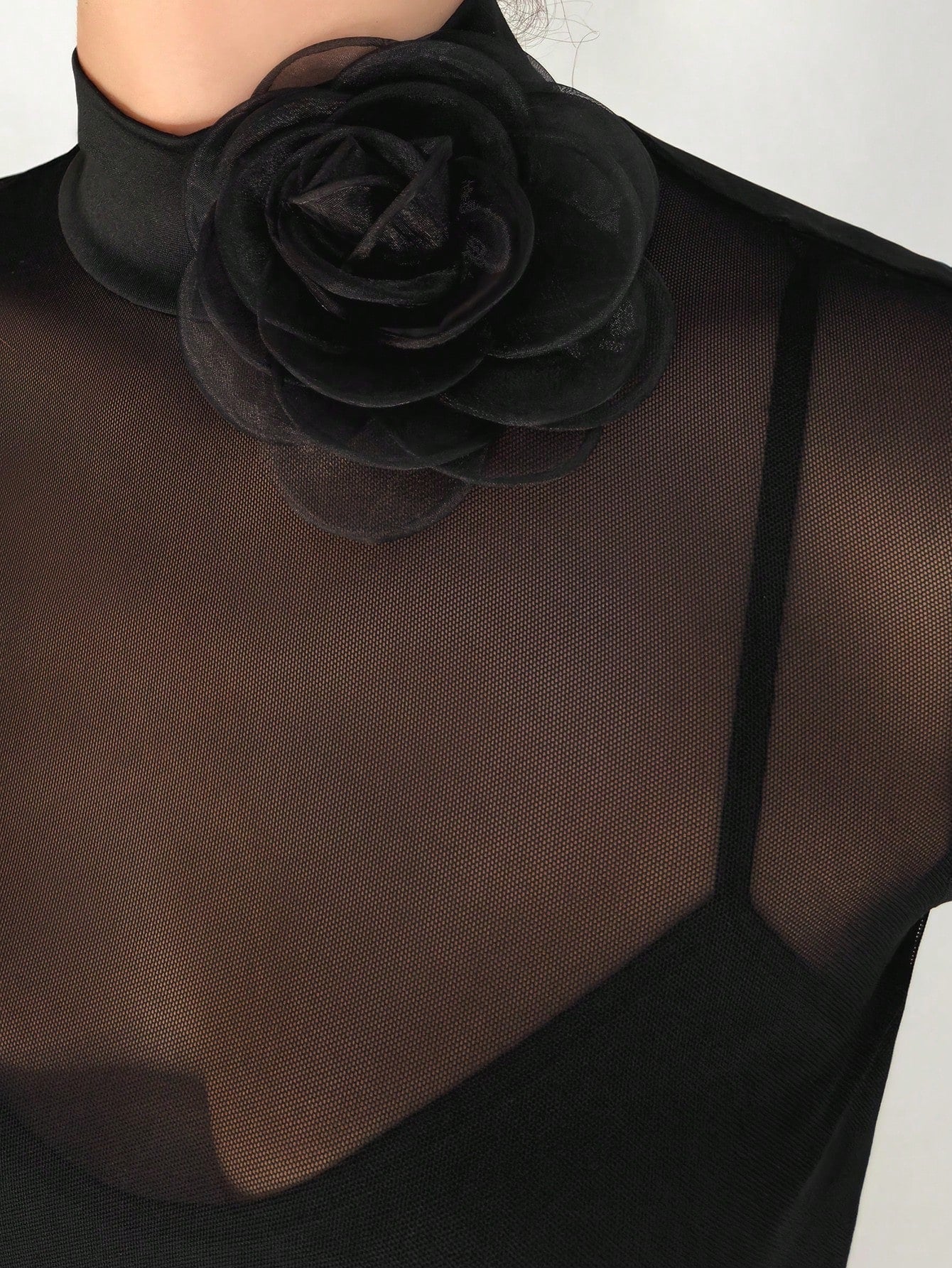 1pc Black Mesh Floral 3D Applique Long Sleeve Bodycon Dress For Women - Negative Apparel