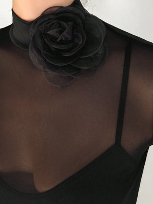 1pc Black Mesh Floral 3D Applique Long Sleeve Bodycon Dress For Women - Negative Apparel