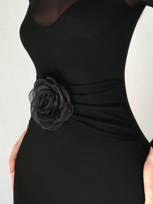 1pc Black Mesh Floral 3D Applique Long Sleeve Bodycon Dress For Women - Negative Apparel