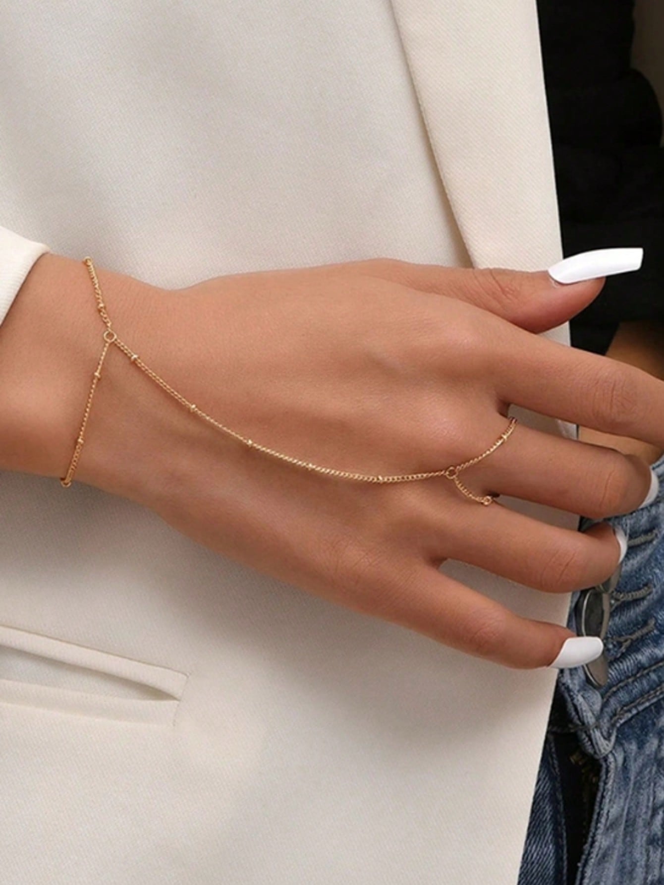 1pc Elegant Women Faux Pearl Chain Finger Ring, FD - Negative Apparel