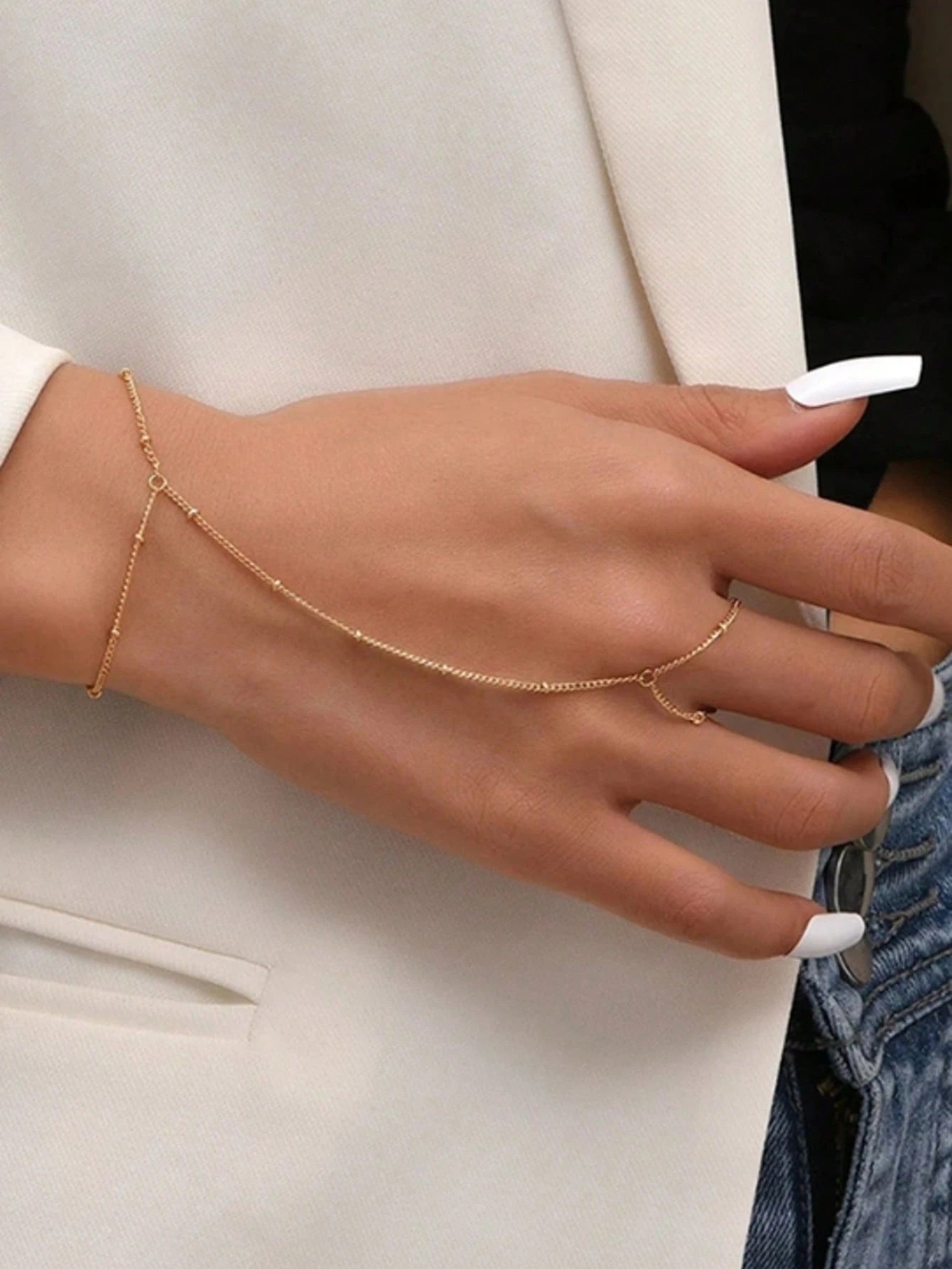 1pc Elegant Women Faux Pearl Chain Finger Ring, FD - Negative Apparel