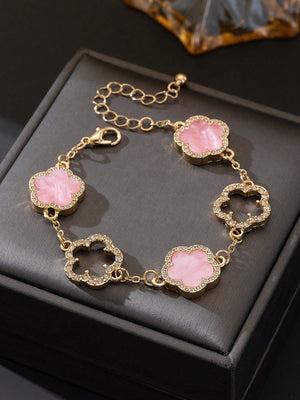 1pc Luxury Elegant Rhinestone Hollow Clover & Flower Charm Bracelet FD - Negative Apparel