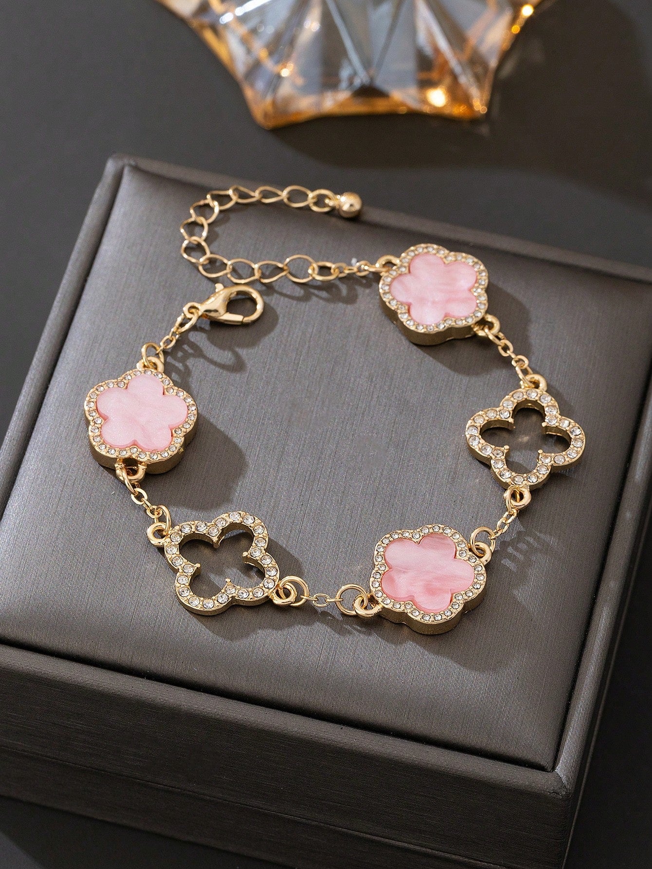 1pc Luxury Elegant Rhinestone Hollow Clover & Flower Charm Bracelet FD - Negative Apparel