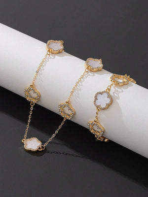 1pc Luxury Elegant Rhinestone Hollow Clover & Flower Charm Bracelet FD - Negative Apparel