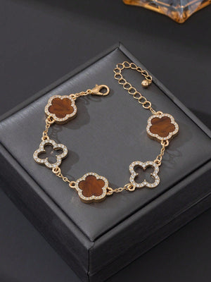 1pc Luxury Elegant Rhinestone Hollow Clover & Flower Charm Bracelet FD - Negative Apparel