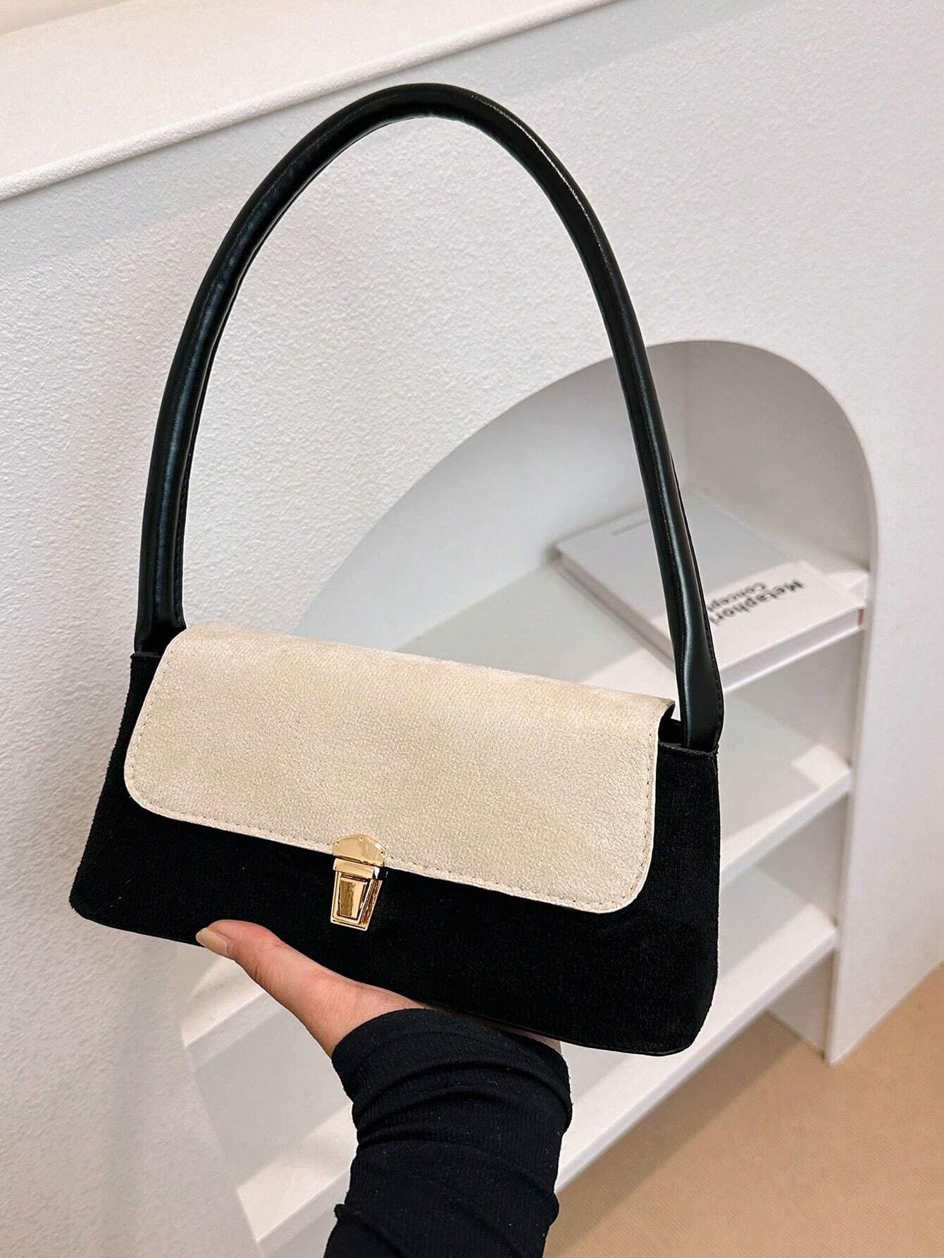 1pc Solid - Colored Suedette Portable Commuting Lock Buckle Stylish Retro Versatile Shoulder Bag Handbag Suitable For Daily Use By Women, New Autumn And Winter Women Bag, Best Fall Purse, Perfectly Matching With Fall Outfits Women - Negative Apparel