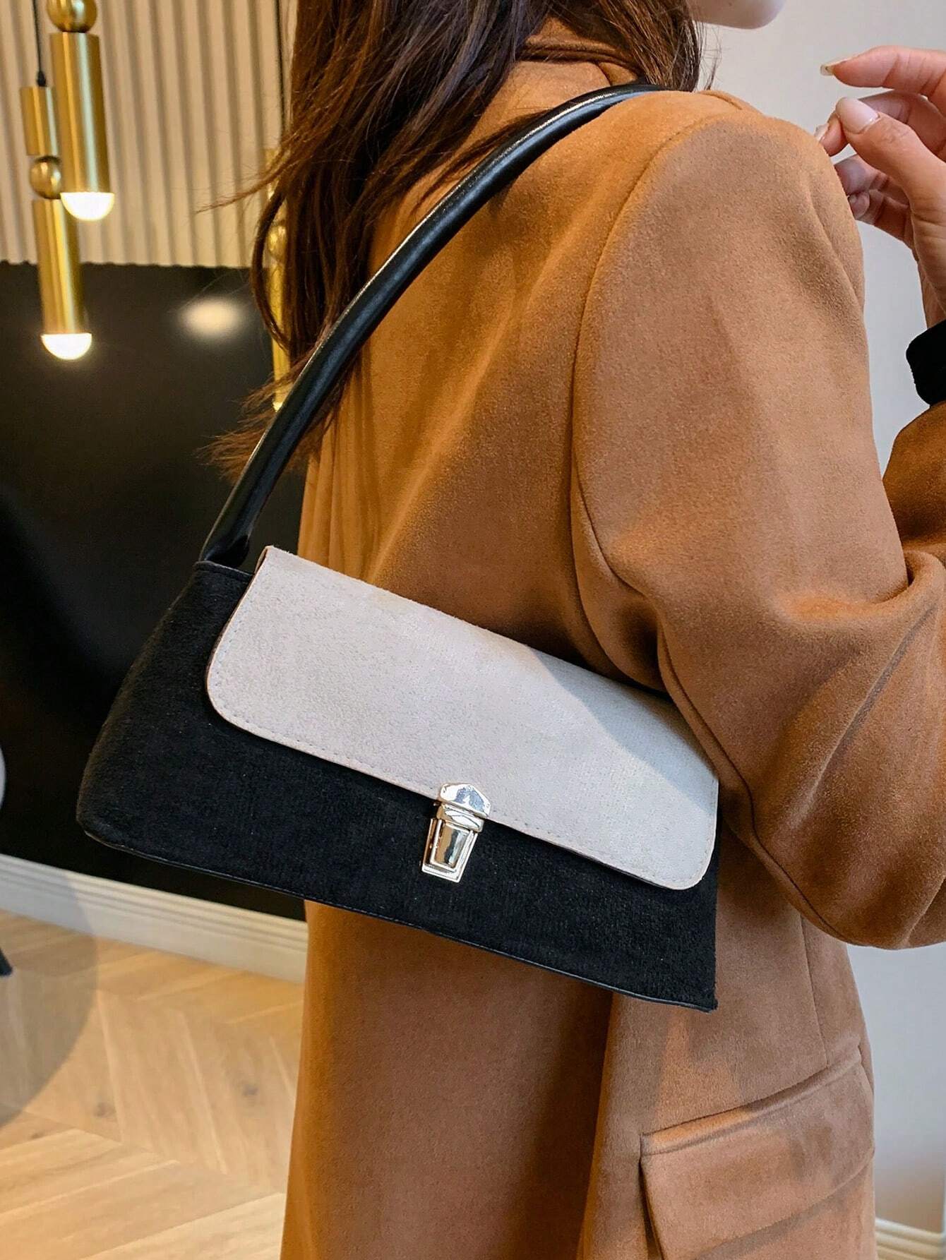 1pc Solid - Colored Suedette Portable Commuting Lock Buckle Stylish Retro Versatile Shoulder Bag Handbag Suitable For Daily Use By Women, New Autumn And Winter Women Bag, Best Fall Purse, Perfectly Matching With Fall Outfits Women - Negative Apparel