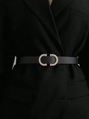 1pc Women Rhinestone Decor Double Letter Buckle Fashionable Belt For Daily Decoration - Negative Apparel