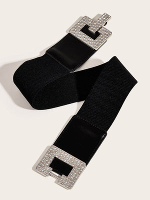 1pc Women's Fashionable Elastic Waistband Decorated Dress Belt With Square Shaped Buckle & Rhinestone Detail, Suitable For Daily And Party Use - Negative Apparel