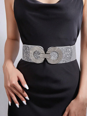 1pc Women's Fashionable Elastic Waistband Decorated Dress Belt With Square Shaped Buckle & Rhinestone Detail, Suitable For Daily And Party Use - Negative Apparel