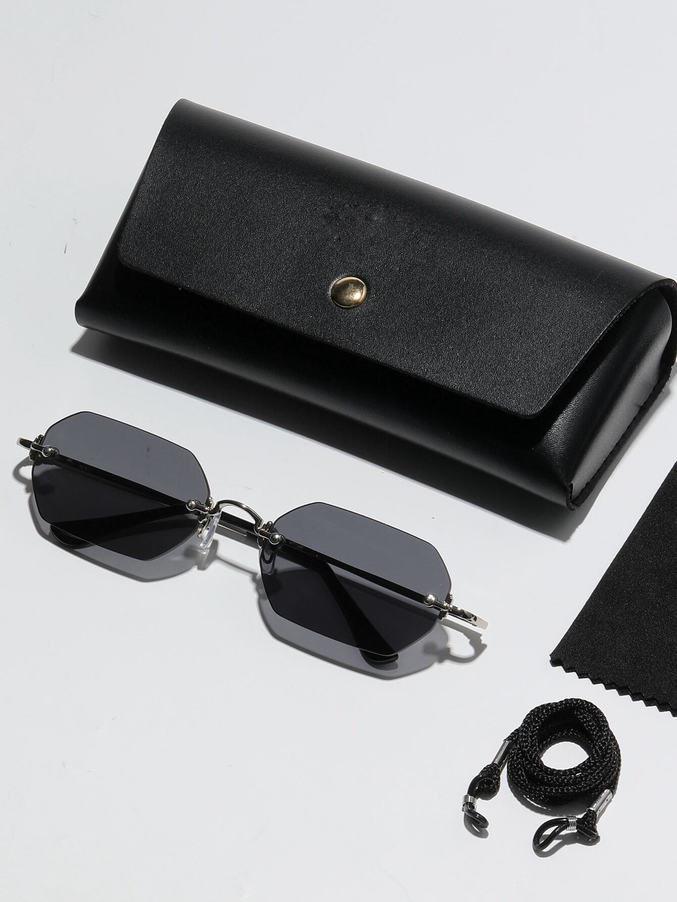 1pc Women's Geometric Pattern Copper Alloy Frameless Sunglasses, Fashionable And Sunshade, Suitable For Daily Clothing, Color Matching, Beach Vacation, Swimming Pool, Party, Casual Wear (With Glasses Box, Cleaning Cloth, Eyeglasses String) - Negative Apparel