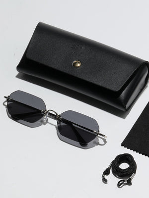 1pc Women's Geometric Pattern Copper Alloy Frameless Sunglasses, Fashionable And Sunshade, Suitable For Daily Clothing, Color Matching, Beach Vacation, Swimming Pool, Party, Casual Wear (With Glasses Box, Cleaning Cloth, Eyeglasses String) - Negative Apparel