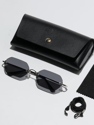 1pc Women's Geometric Pattern Copper Alloy Frameless Sunglasses, Fashionable And Sunshade, Suitable For Daily Clothing, Color Matching, Beach Vacation, Swimming Pool, Party, Casual Wear (With Glasses Box, Cleaning Cloth, Eyeglasses String) - Negative Apparel