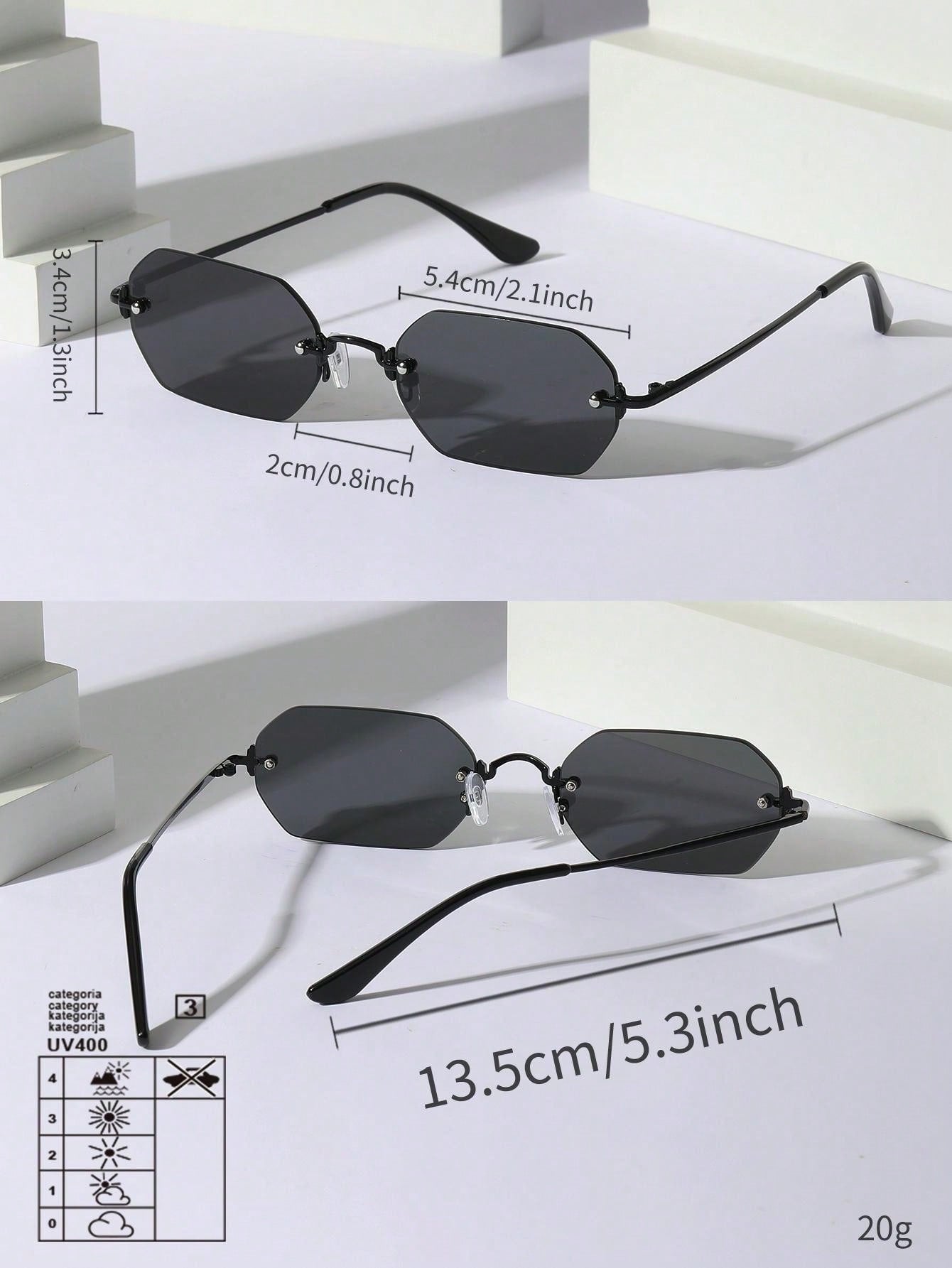 1pc Women's Geometric Pattern Copper Alloy Frameless Sunglasses, Fashionable And Sunshade, Suitable For Daily Clothing, Color Matching, Beach Vacation, Swimming Pool, Party, Casual Wear (With Glasses Box, Cleaning Cloth, Eyeglasses String) - Negative Apparel