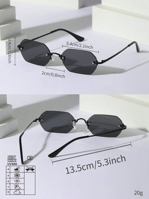 1pc Women's Geometric Pattern Copper Alloy Frameless Sunglasses, Fashionable And Sunshade, Suitable For Daily Clothing, Color Matching, Beach Vacation, Swimming Pool, Party, Casual Wear (With Glasses Box, Cleaning Cloth, Eyeglasses String) - Negative Apparel