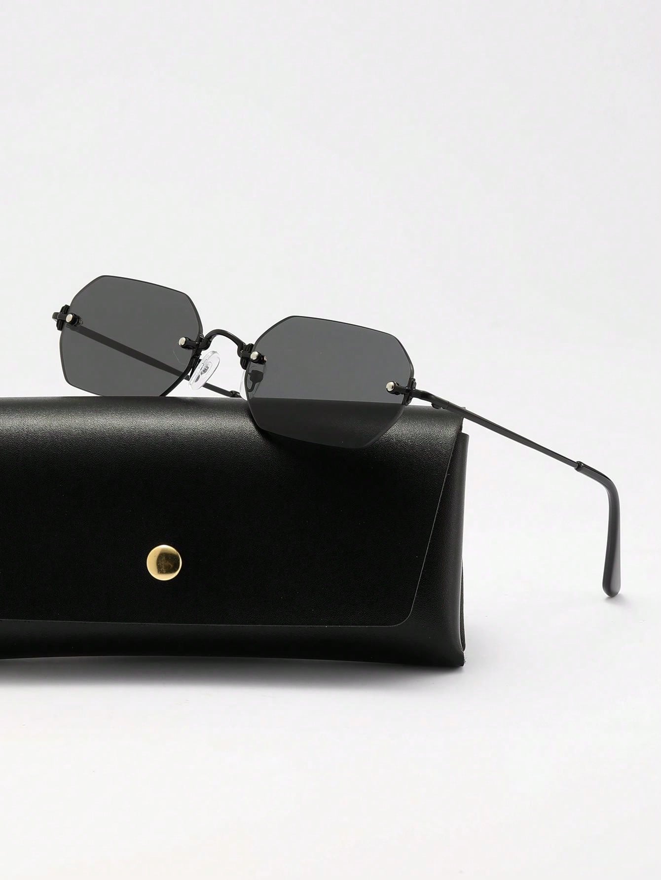 1pc Women's Geometric Pattern Copper Alloy Frameless Sunglasses, Fashionable And Sunshade, Suitable For Daily Clothing, Color Matching, Beach Vacation, Swimming Pool, Party, Casual Wear (With Glasses Box, Cleaning Cloth, Eyeglasses String) - Negative Apparel