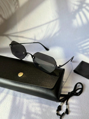 1pc Women's Geometric Pattern Copper Alloy Frameless Sunglasses, Fashionable And Sunshade, Suitable For Daily Clothing, Color Matching, Beach Vacation, Swimming Pool, Party, Casual Wear (With Glasses Box, Cleaning Cloth, Eyeglasses String) - Negative Apparel