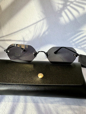 1pc Women's Geometric Pattern Copper Alloy Frameless Sunglasses, Fashionable And Sunshade, Suitable For Daily Clothing, Color Matching, Beach Vacation, Swimming Pool, Party, Casual Wear (With Glasses Box, Cleaning Cloth, Eyeglasses String) - Negative Apparel