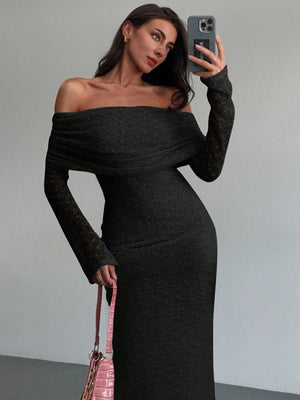 1pc Women's Off - Shoulder Long Sleeve Tight - Fitted Short Length Textured Fabric Dress, Romantic For Date Night & Vacation, Karaoke - Negative Apparel
