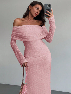 1pc Women's Off - Shoulder Long Sleeve Tight - Fitted Short Length Textured Fabric Dress, Romantic For Date Night & Vacation, Karaoke - Negative Apparel
