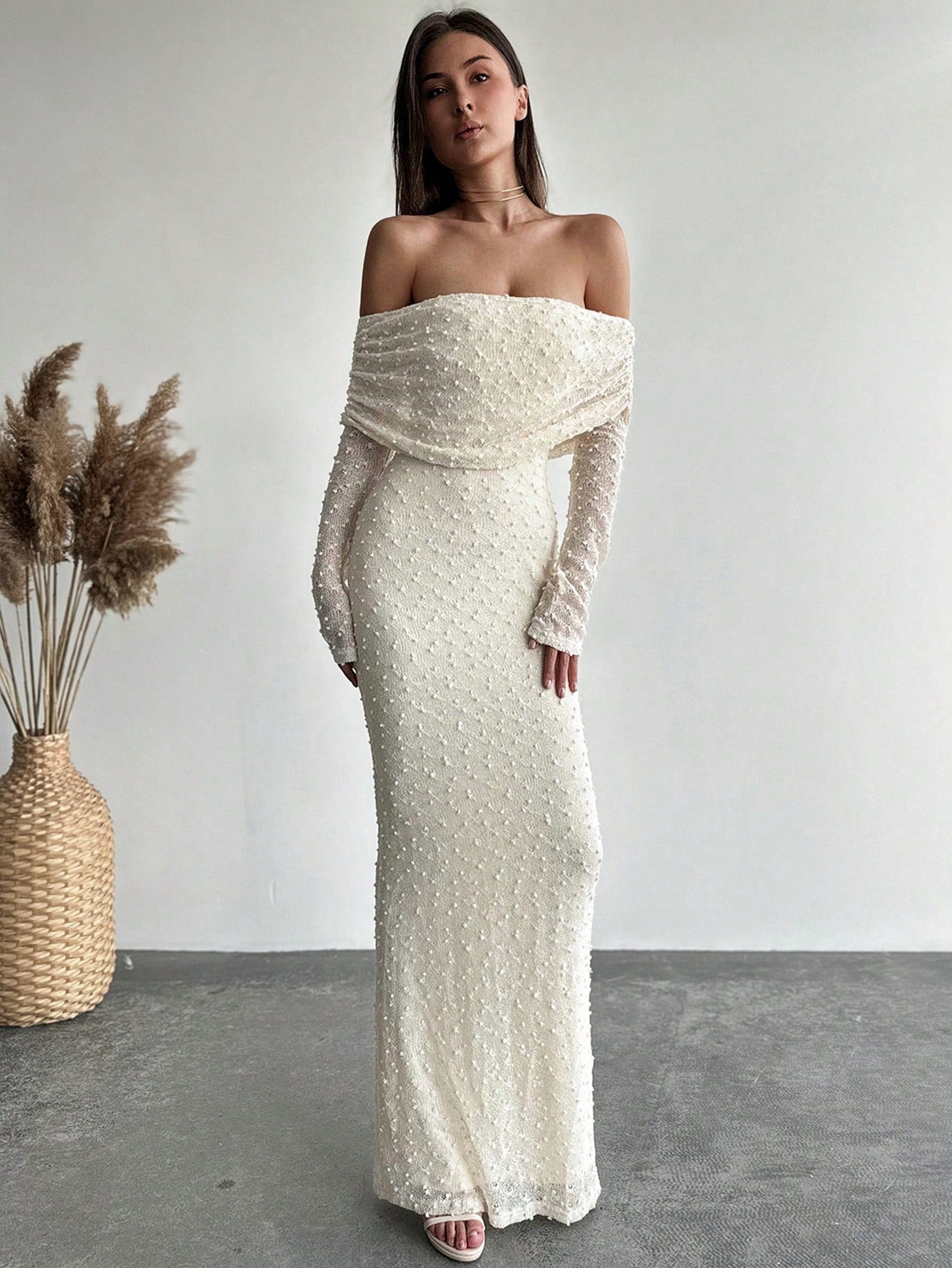 1pc Women's Off - Shoulder Long Sleeve Tight - Fitted Short Length Textured Fabric Dress, Romantic For Date Night & Vacation, Karaoke - Negative Apparel