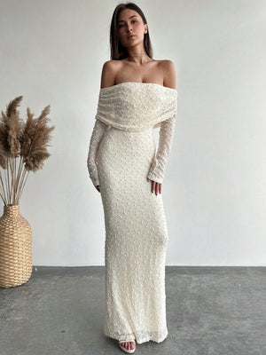 1pc Women's Off - Shoulder Long Sleeve Tight - Fitted Short Length Textured Fabric Dress, Romantic For Date Night & Vacation, Karaoke - Negative Apparel