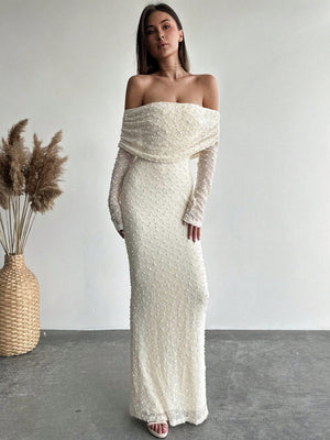 1pc Women's Off - Shoulder Long Sleeve Tight - Fitted Short Length Textured Fabric Dress, Romantic For Date Night & Vacation, Karaoke - Negative Apparel