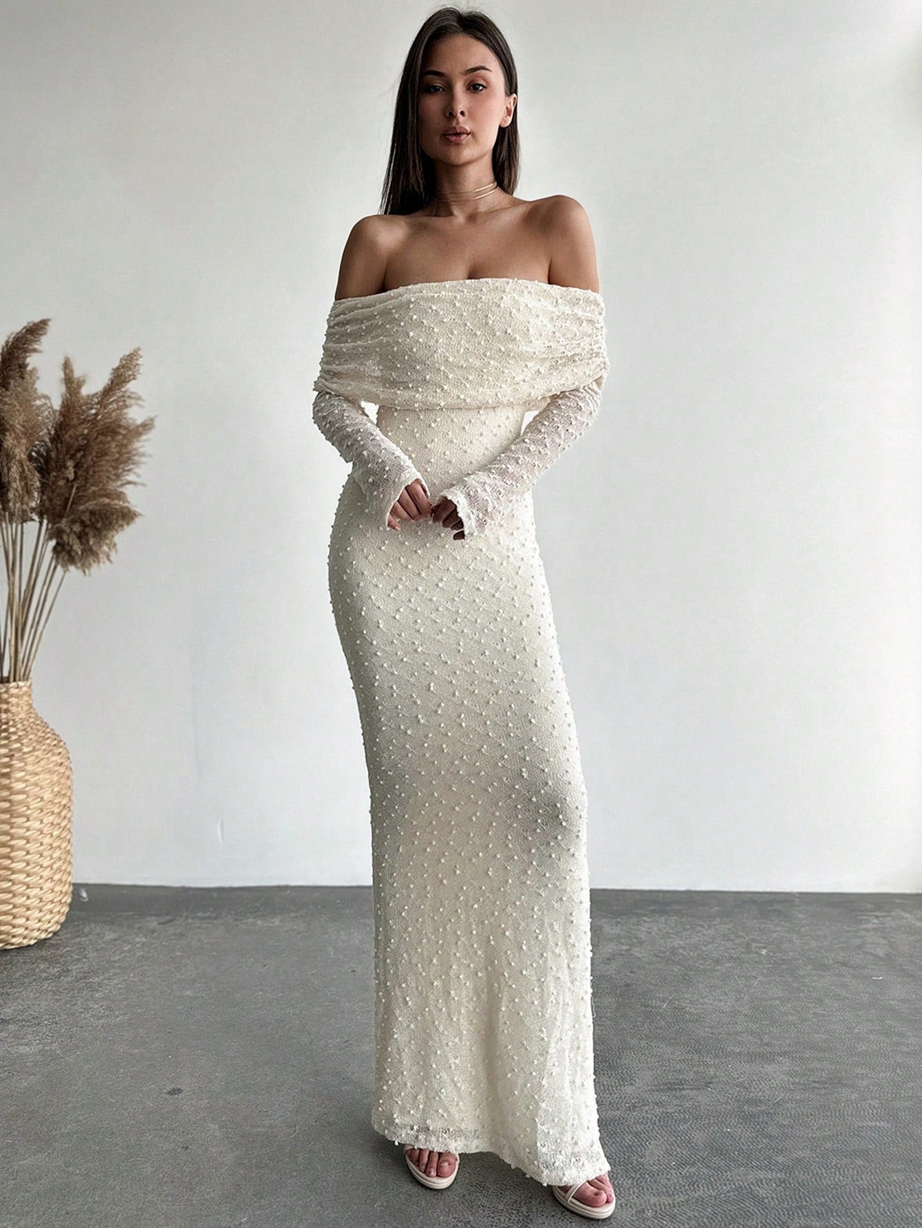 1pc Women's Off - Shoulder Long Sleeve Tight - Fitted Short Length Textured Fabric Dress, Romantic For Date Night & Vacation, Karaoke - Negative Apparel