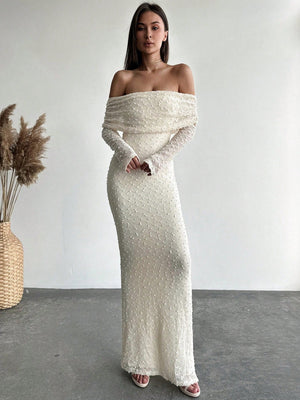 1pc Women's Off - Shoulder Long Sleeve Tight - Fitted Short Length Textured Fabric Dress, Romantic For Date Night & Vacation, Karaoke - Negative Apparel