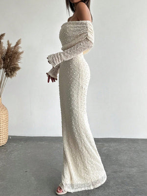 1pc Women's Off - Shoulder Long Sleeve Tight - Fitted Short Length Textured Fabric Dress, Romantic For Date Night & Vacation, Karaoke - Negative Apparel