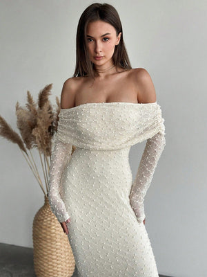 1pc Women's Off - Shoulder Long Sleeve Tight - Fitted Short Length Textured Fabric Dress, Romantic For Date Night & Vacation, Karaoke - Negative Apparel