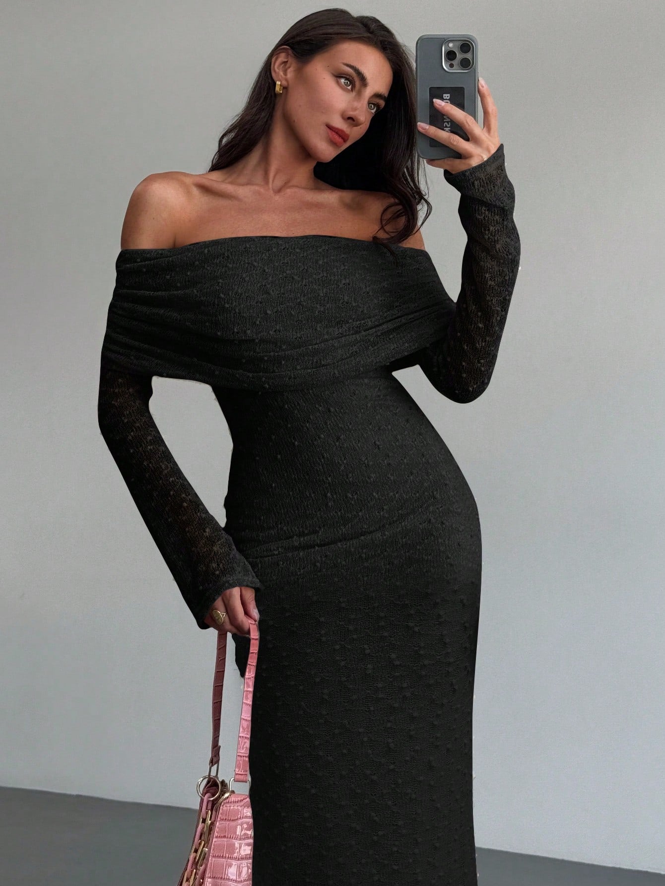 1pc Women's Off - Shoulder Long Sleeve Tight - Fitted Short Length Textured Fabric Dress, Romantic For Date Night & Vacation, Karaoke - Negative Apparel