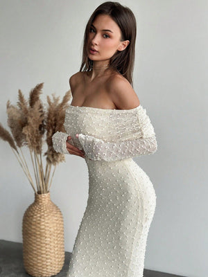 1pc Women's Off - Shoulder Long Sleeve Tight - Fitted Short Length Textured Fabric Dress, Romantic For Date Night & Vacation, Karaoke - Negative Apparel