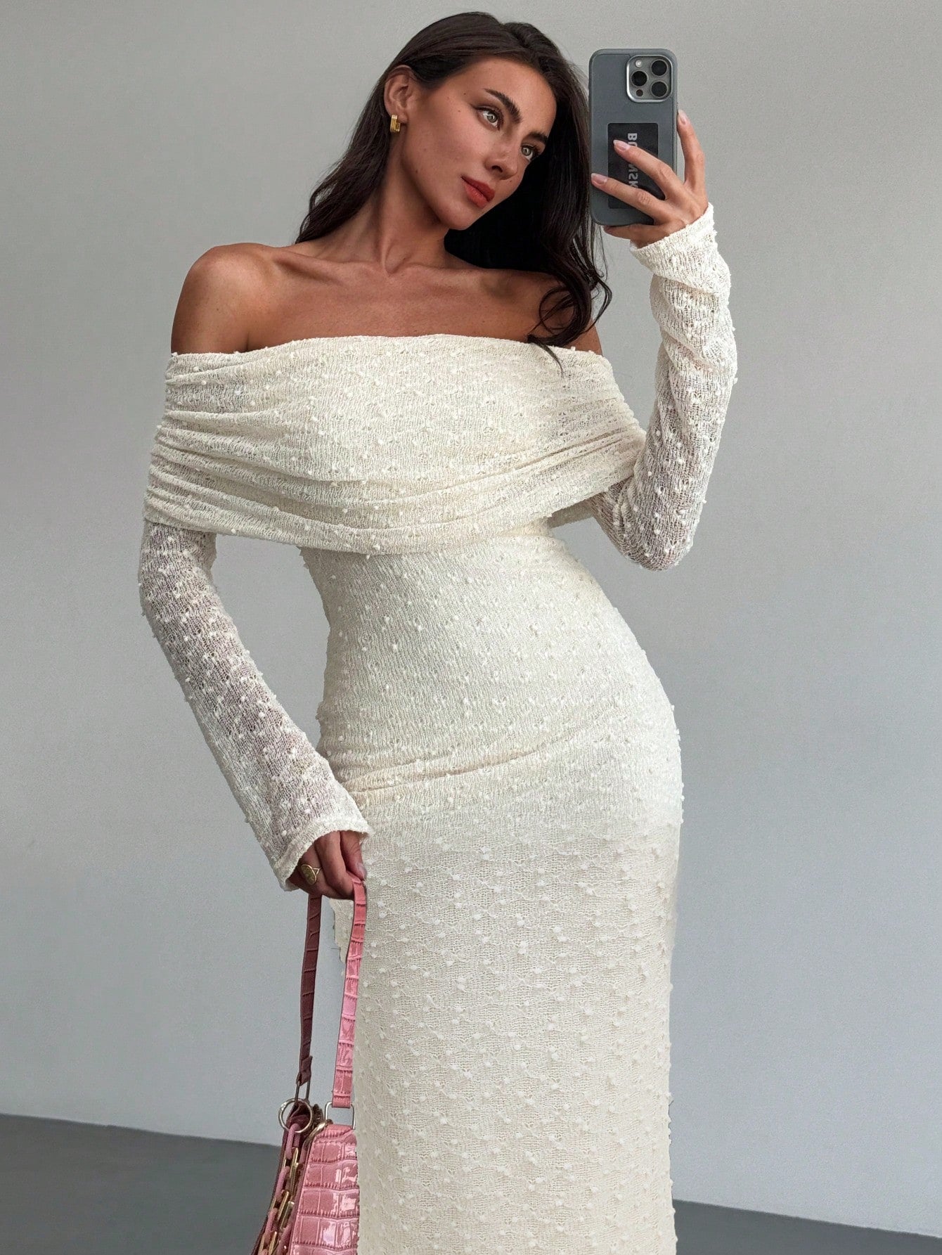 1pc Women's Off - Shoulder Long Sleeve Tight - Fitted Short Length Textured Fabric Dress, Romantic For Date Night & Vacation, Karaoke - Negative Apparel