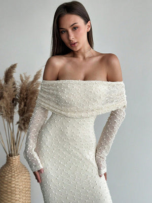 1pc Women's Off - Shoulder Long Sleeve Tight - Fitted Short Length Textured Fabric Dress, Romantic For Date Night & Vacation, Karaoke - Negative Apparel