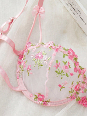 1set Women Floral Embroidery Mesh Lingerie Set - Negative Apparel