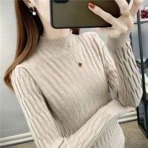 2022 autumn and winter semi - turtleneck pattern sweater women's inner with medium neck long - sleeved bottoming shirt top slim - fitting women's clothing wholesale - Negative Apparel