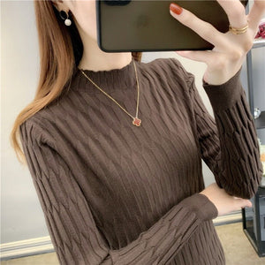 2022 autumn and winter semi - turtleneck pattern sweater women's inner with medium neck long - sleeved bottoming shirt top slim - fitting women's clothing wholesale - Negative Apparel