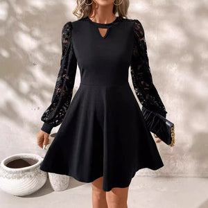 2024 new elegant women's black crew neck lace splicing long - sleeved slim - fitting horn hem jumpsuit - Negative Apparel